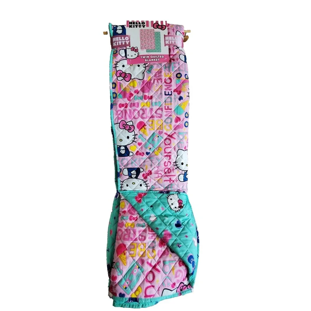 NEW Hello Kitty Skate Bow Quilt Reversible Blanket Twin Sanrio Rainbow Pink Blue